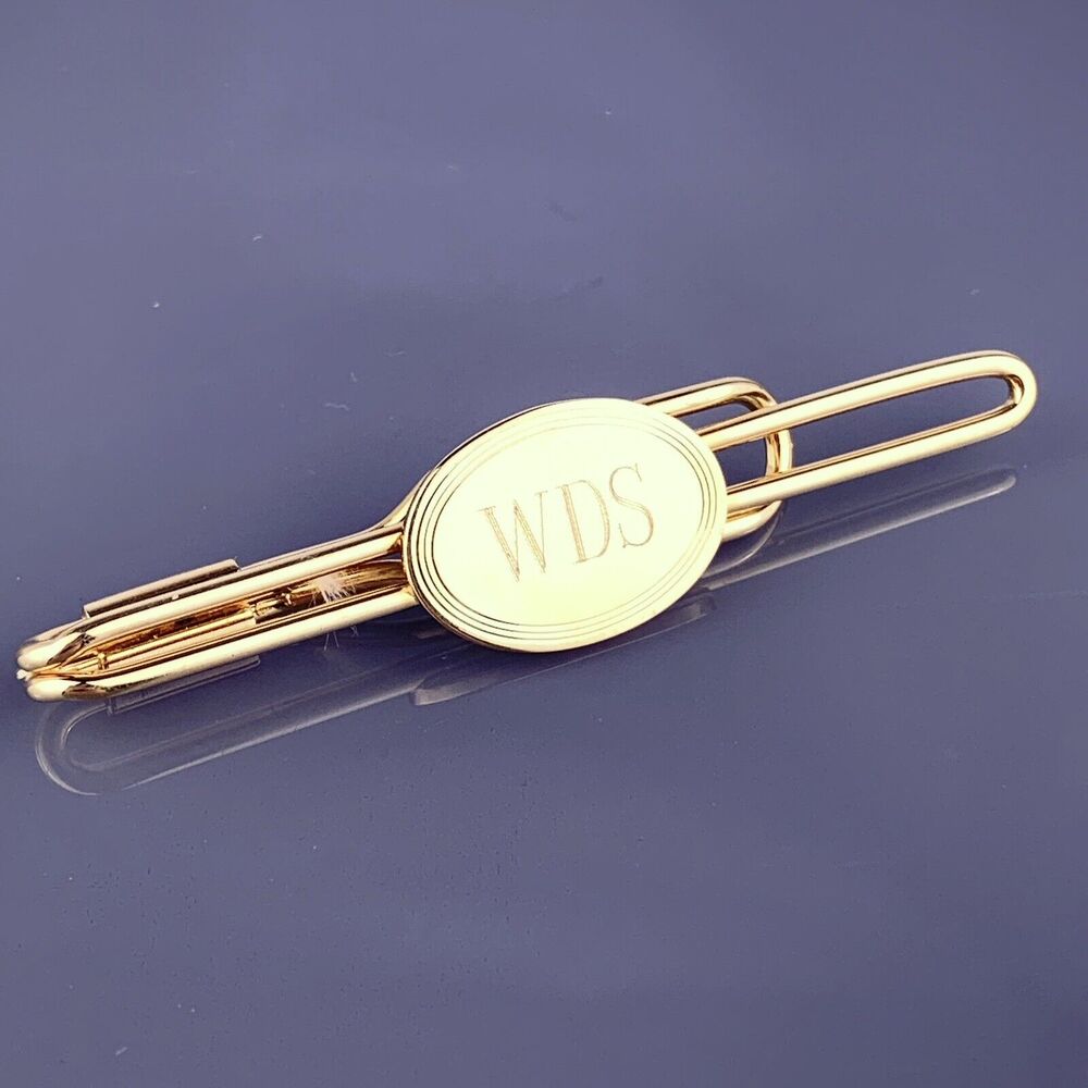 WDS Initial Monogram Gold Tone Tie Clip Bar Times New Roman Font Simple Vintage